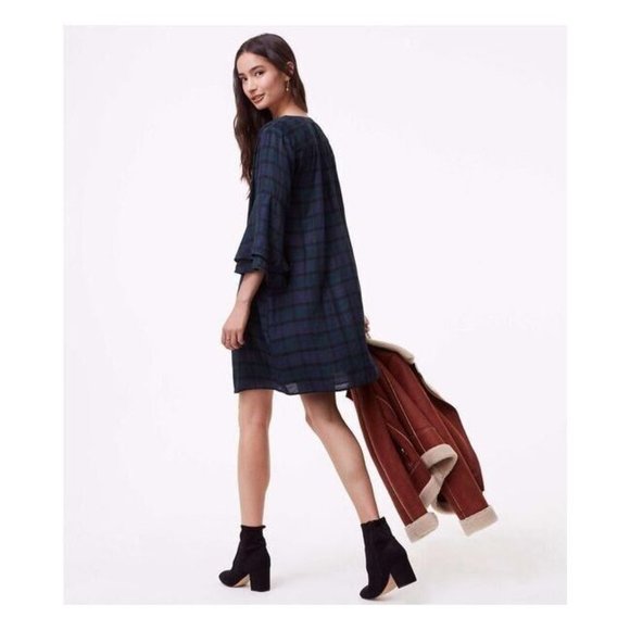 "ANN TAYLOR LOFT" MULTICOLOR PLAID RUFFLE SLEEVES SWING TRAPEZE DRESS SZ: MT NWT - Picture 2 of 3